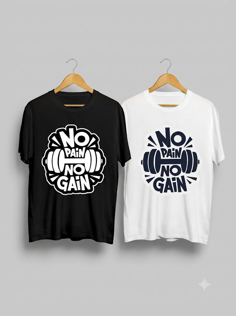 No Pain No Gain gym T-shirts in black and white with a dumbbell design