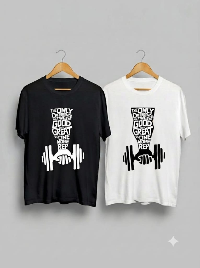 Black and white gym T-shirts with a hand holding a dumbbell and the slogan The Only Difference Between Good and Great Is One More Rep